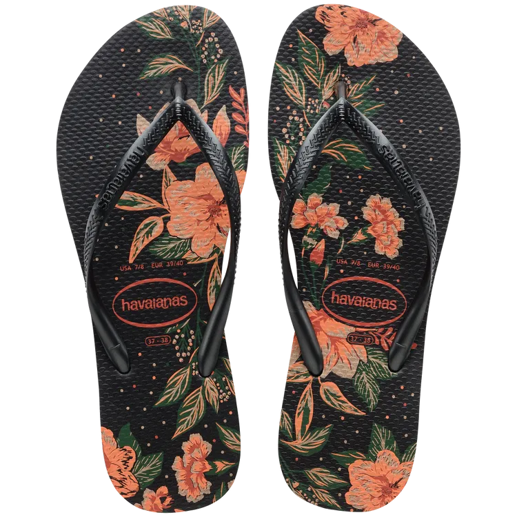 Black Organic Slim Flip Flop Sandal with Colorful Blooms, Thong Style, Cushioned Footbed, Rubber Sole - Made in Brazil