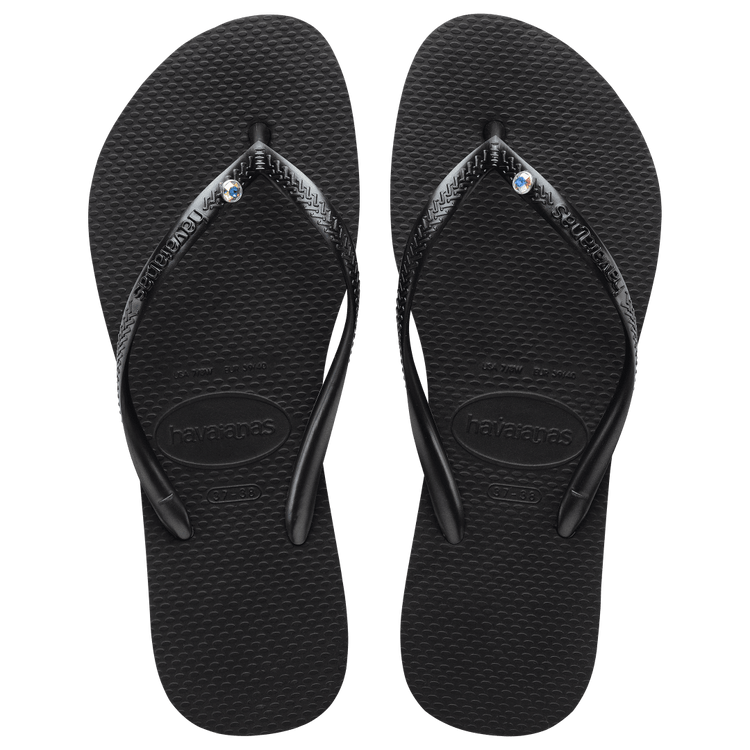 "Havaianas Slim Crystal Sandal in Black with Swarovski Crystal Detail, Thong Style, Cushioned Footbed, Rubber Sole - Made in Brazil