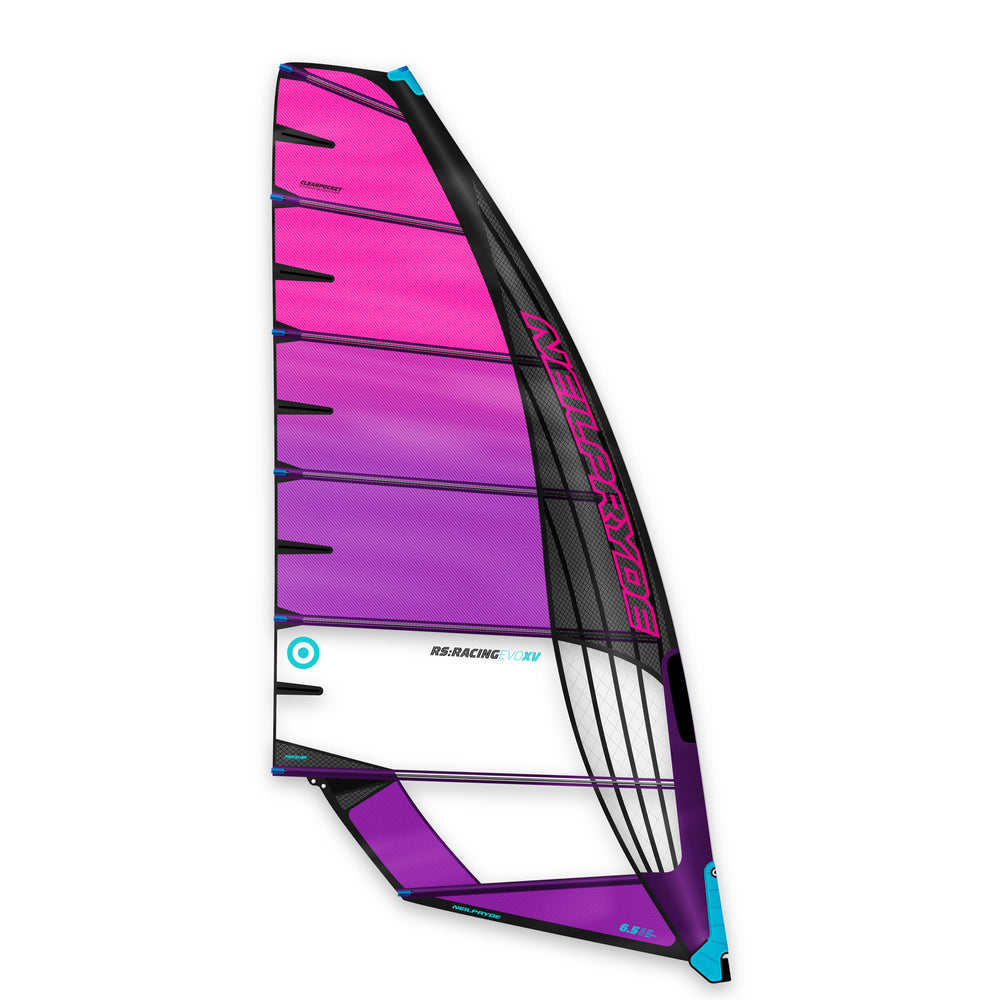 NEILPRYDE 24 RS Racing EVO XV sail for slalom and foil racing. Quadruple luff construction, 7 batten design, and new materials for durability and performance.