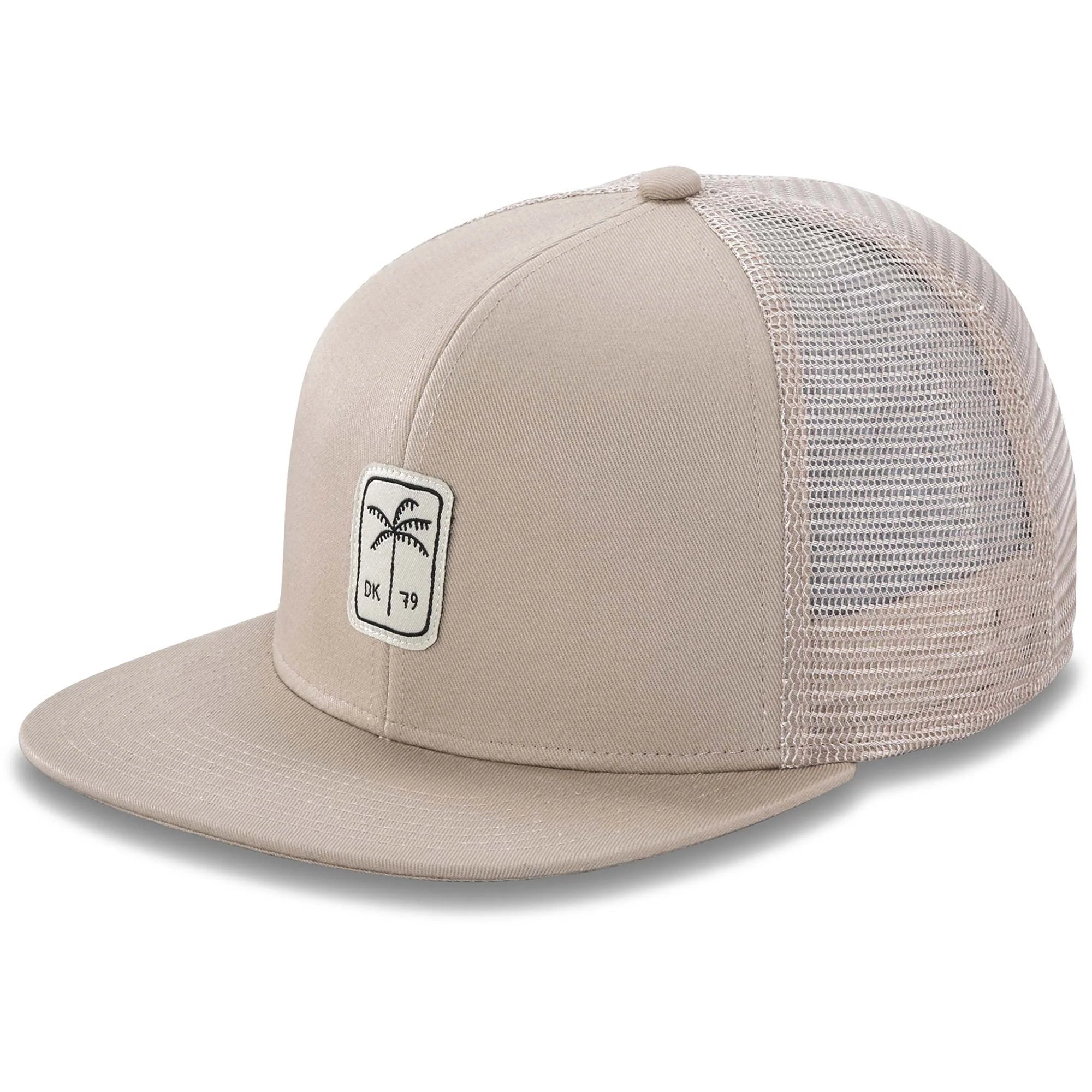 DAKINE Palm Tree Trucker Hat in Khaki, Structured Flat Bill with Adjustable Snapback Closure and Palm Tree Patch, Tropical Style