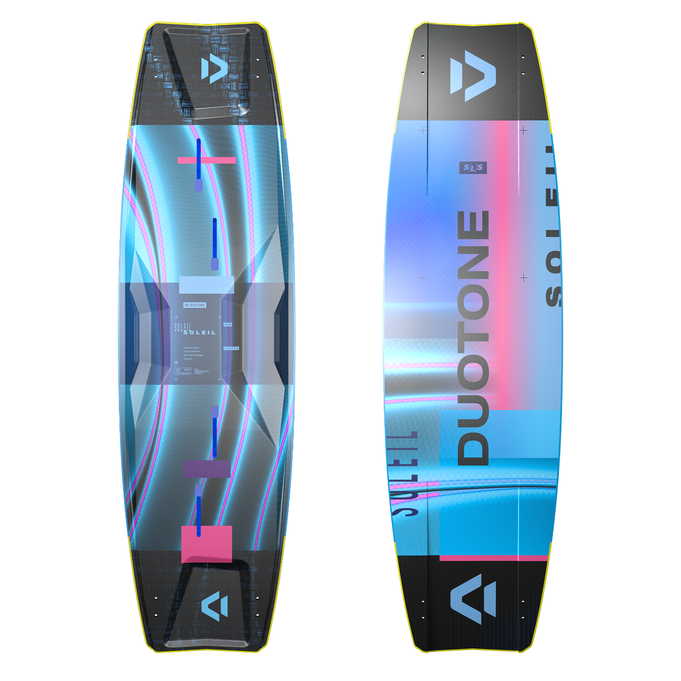 24 Duotone Soleil SLS kiteboard for female kiters, featuring Biax Carbon & Textreme Innegra SLS construction for lightweight, high-performance freeride. Narrower outline for easy carving & smoother ride.