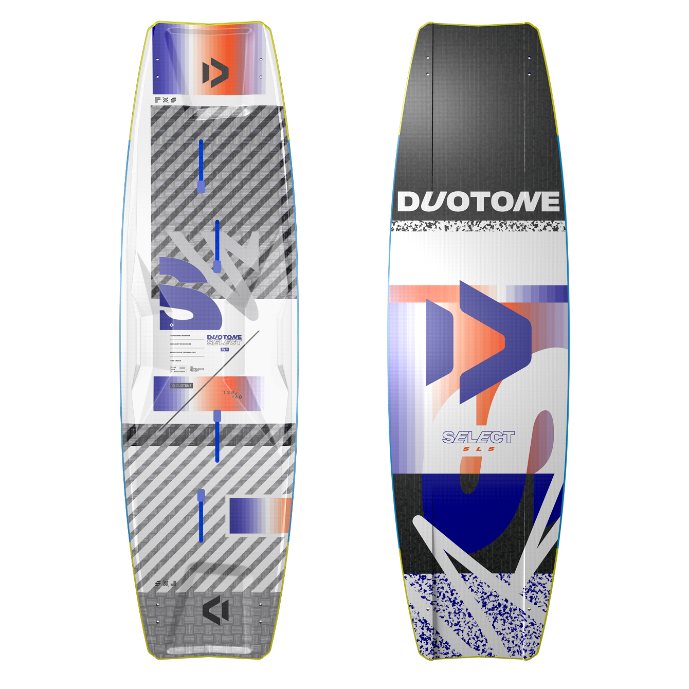 "24 Duotone Select SLS freeride board with SLS construction, Textreme Innegra, and Biax Carbon for lightweight strength and superior responsiveness