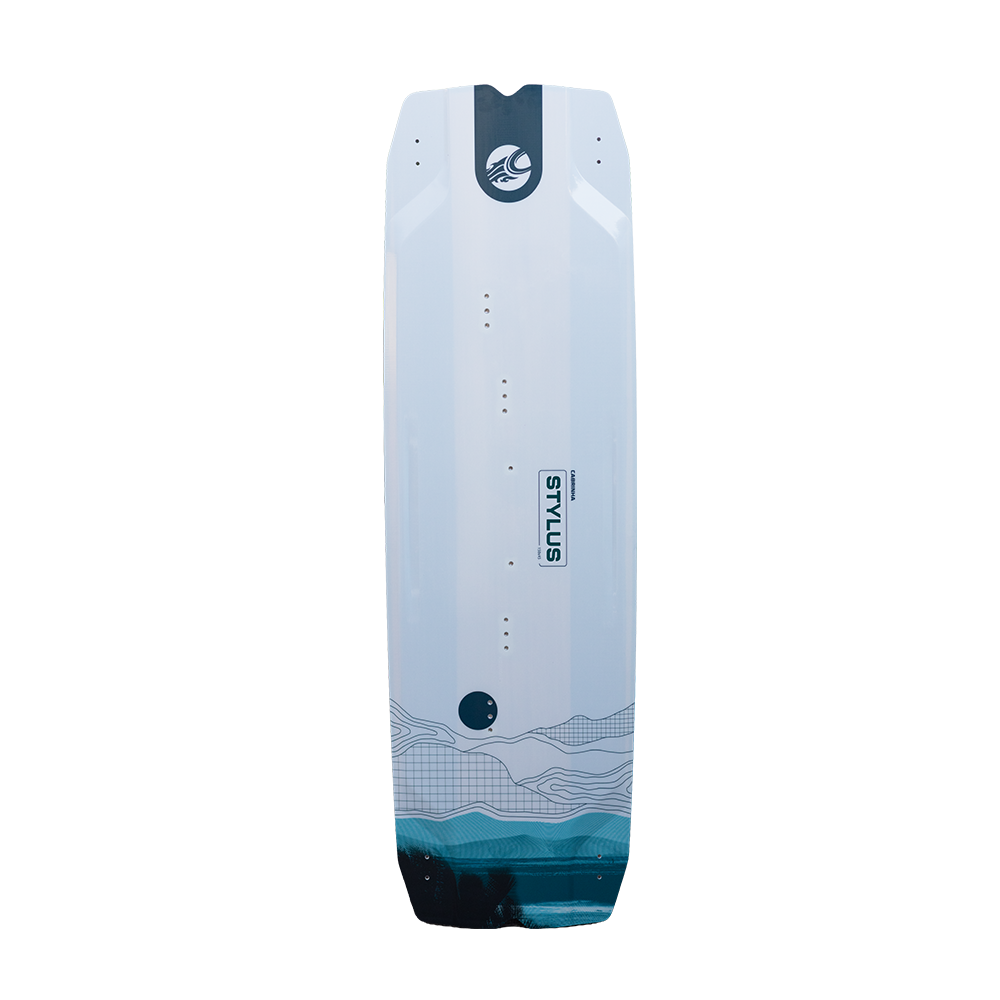 Cabrinha Stylus light wind kite board with wide outline and low rocker for early planing and maximum efficiency in light wind conditions.