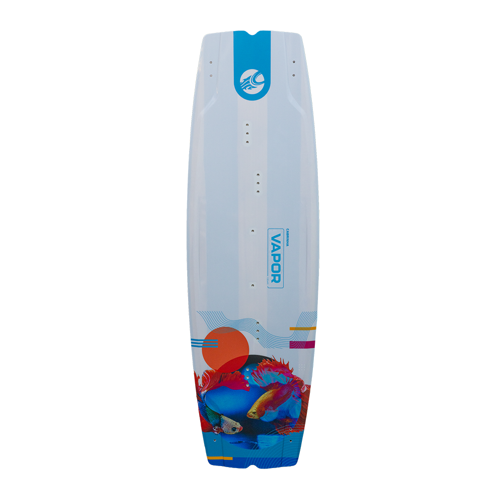 Cabrinha Vapor kiteboard with paulownia wood core designed for smooth control, reduced vibration, and stable performance in choppy powered conditions.