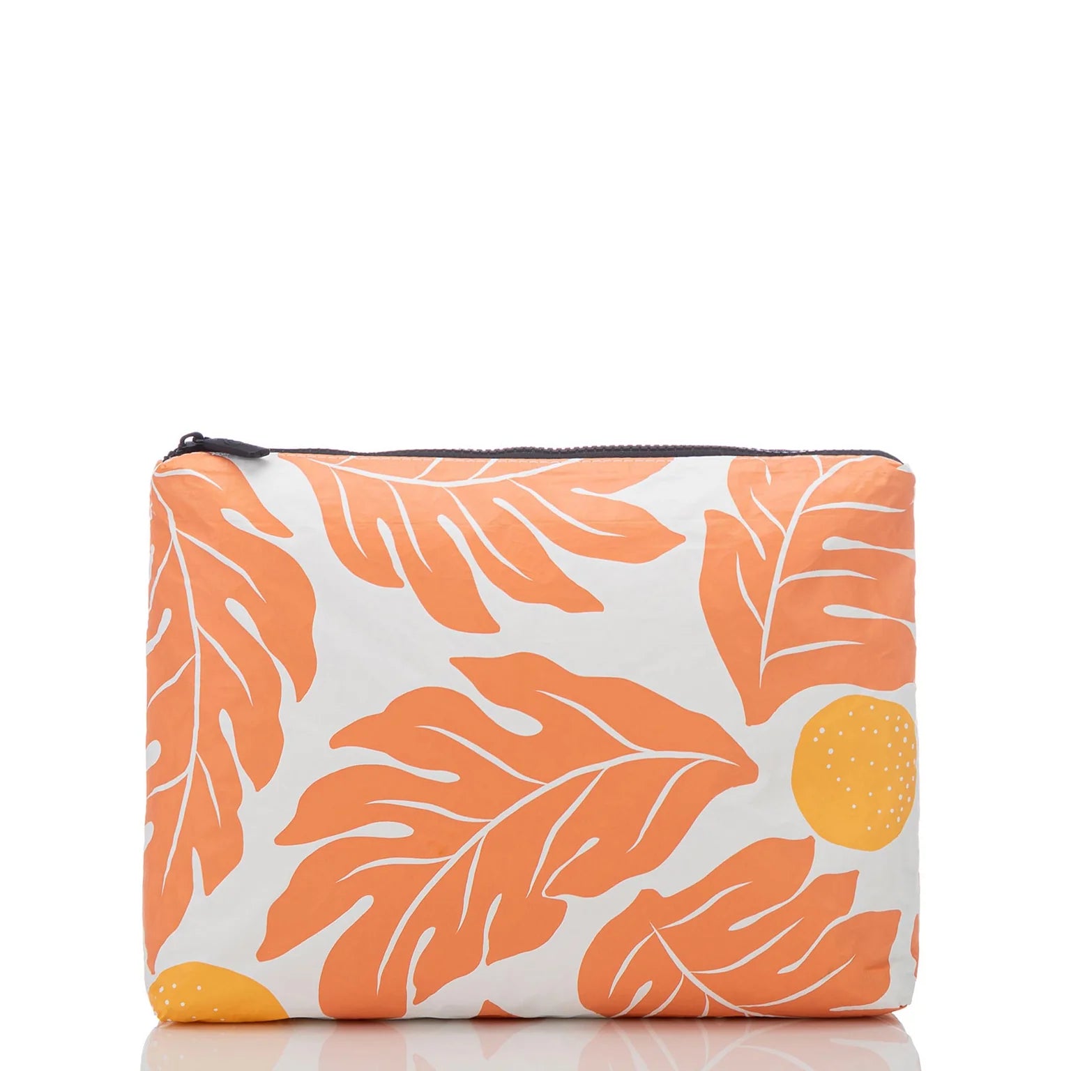 Mid Pouch organizer bag in tango color, perfect for travel, adventures, and beach days. 11.5" W x 8.5" H with 2" gusset and white interior.