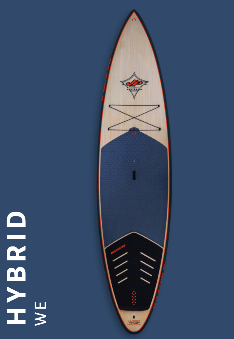 22-hybrid JP Tour & Surf Stand Up Paddleboard with long water line, displacement bow, and double concave bottom for stability and surfing. Ideal for tours and downwind runs.