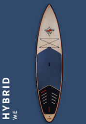 22-hybrid JP Tour & Surf Stand Up Paddleboard with long water line, displacement bow, and double concave bottom for stability and surfing. Ideal for tours and downwind runs.