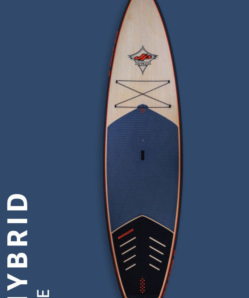 22-hybrid JP Tour & Surf Stand Up Paddleboard with long water line, displacement bow, and double concave bottom for stability and surfing. Ideal for tours and downwind runs.