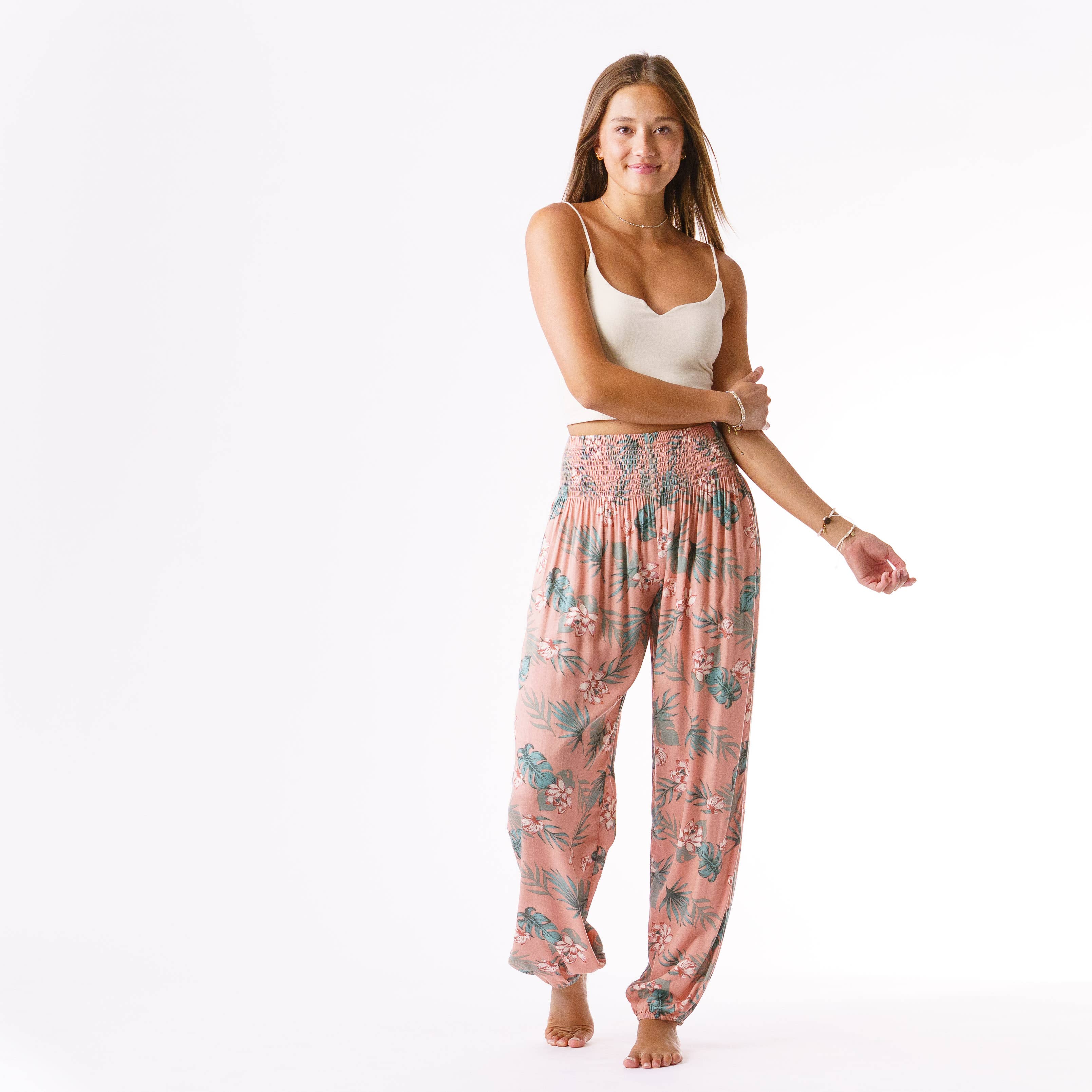 Lotus and Luna Waimea Harem Pants in Coral & Moss Tropical Print, 100% Rayon. Perfect for yoga, beach, or lounging. Sizes 0-12, 5â€™2â€-5â€™11â€. Machine wash delicate.